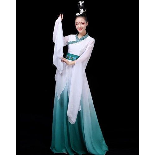 Chinese Folk classical dance costume Green blue gradient colored waterfall sleeves caiwei dance dress fairy hanfu female elegant gourp dancers dance clothes